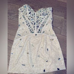 Strapless Sherri Hill White Mini Dress with Stones